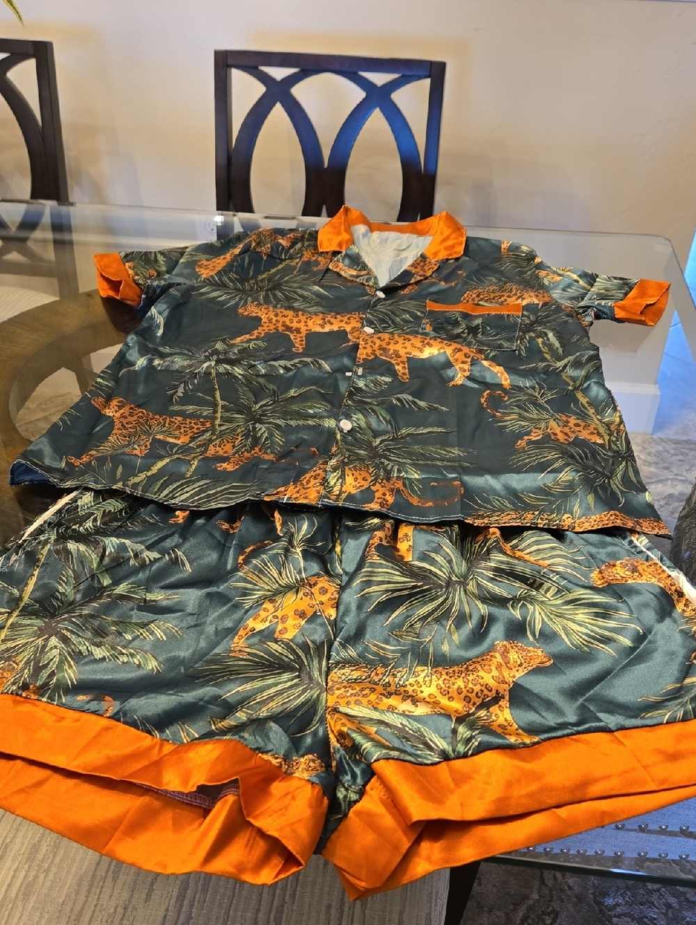 Womens Satin Jungle Cheetah Pajama Set - Green & Orange nwot